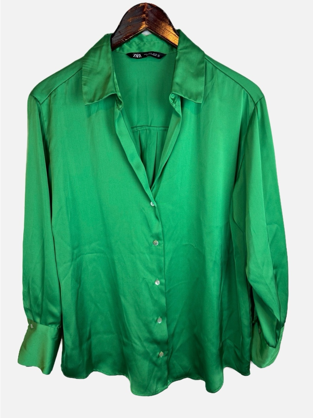 Zara | Green Satin Button Down Blouse, M